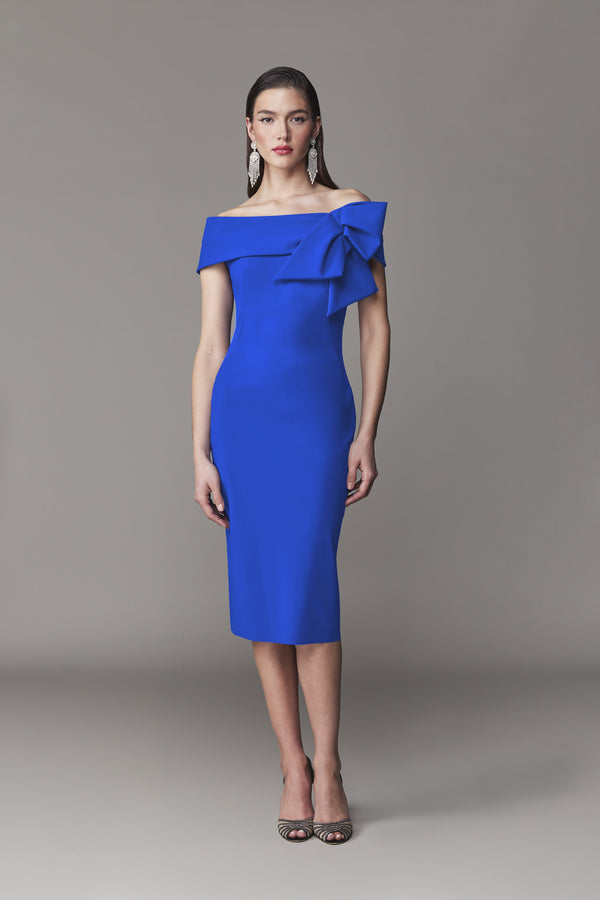 Frascara 4724 Off-the-Shoulder Jersey Dress - An elegant dress featuring a collar band with an asymmetrical bow and a pencil skirt silhouette with a back slit, perfect for formal evening events and mother of the bride or groom.  Dress in cobalt.