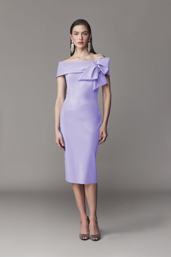 Frascara 4724 Off-the-Shoulder Jersey Dress - An elegant dress featuring a collar band with an asymmetrical bow and a pencil skirt silhouette with a back slit, perfect for formal evening events and mother of the bride or groom.