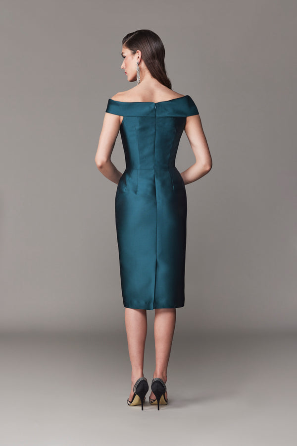 Frascara 4728 Off-The-Shoulder Draped Pencil Dress in teal, featuring an asymmetrical bodice and a pencil skirt, perfect for formal occasions.