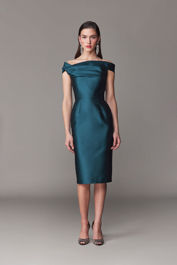 Frascara 4728 Off-The-Shoulder Draped Pencil Dress in teal, featuring an asymmetrical bodice and a pencil skirt, perfect for formal occasions.