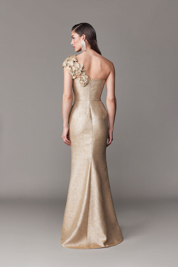 Frascara 4731 One-Shoulder Gown featuring 3D floral appliques with crystal centers, fit-and-flare silhouette, exposed gold zipper, and satin lining, perfect for formal events and Mother of the Bride or Groom.