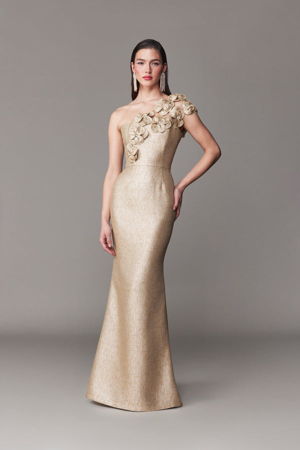 Frascara 4731 One-Shoulder Gown featuring 3D floral appliques with crystal centers, fit-and-flare silhouette, exposed gold zipper, and satin lining, perfect for formal events and Mother of the Bride or Groom.