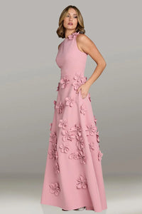 Gia Franco 12535 sleeveless A-line gown in pink with 3D floral embellishments, perfect for formal evening events and mother of the bride or groom.