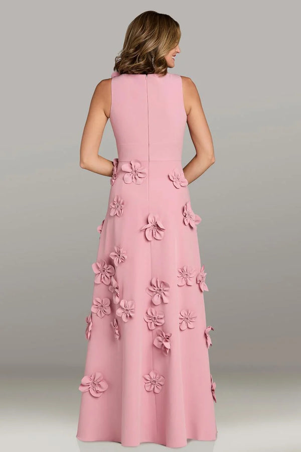 Gia Franco 12535 sleeveless A-line gown in pink with 3D floral embellishments, perfect for formal evening events and mother of the bride or groom.