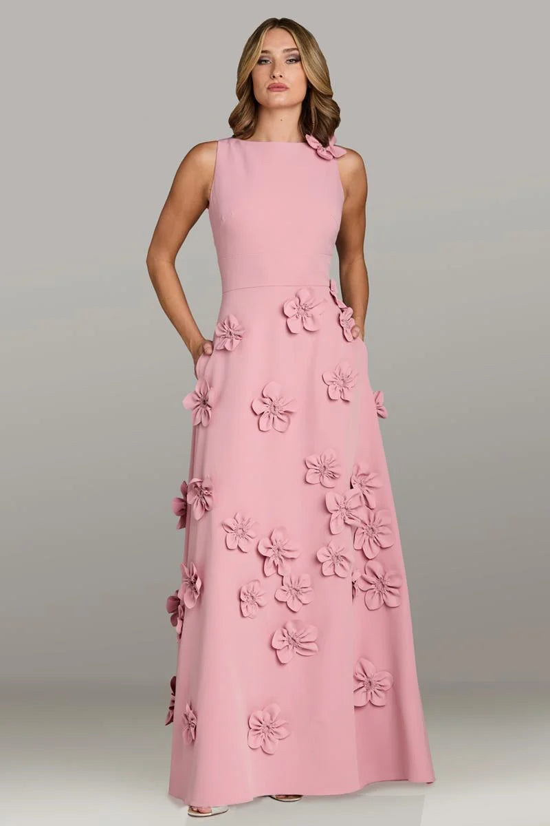 Gia Franco 12535 sleeveless A-line gown in pink with 3D floral embellishments, perfect for formal evening events and mother of the bride or groom.