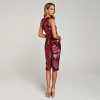 Helsi Alex High-Neck Sequin Midi Dress - A glamorous sleeveless midi dress with a high neckline, large sequin floral pattern, fitted silhouette, and center back slit.