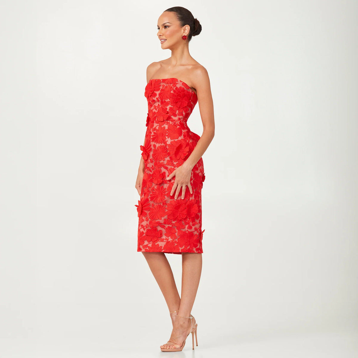 Helsi CECILIA DR6221 Strapless 3D Floral Midi Dress - A strapless midi dress featuring 3D floral appliques, a fitted silhouette, and a lace-up bodice with grosgrain ribbon, perfect for evening formal events and red carpet occasions.