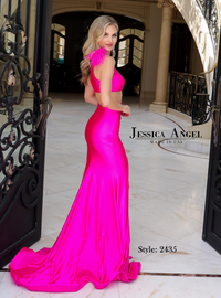 Jessica Angel 2414, a one-shoulder gown with feather embellishment, cutout detailing, and a thigh-high slit, perfect for prom and evening events.