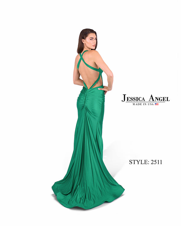 Jessica Angel Style 2511 in vibrant green featuring a strappy open back and thigh-high slit, perfect for prom and formal evenings.