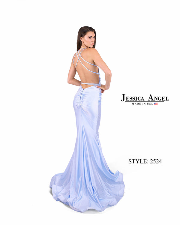 Jessica Angel 2524 light blue mermaid gown with open strappy back and thigh-high slit, perfect for prom or formal evenings.