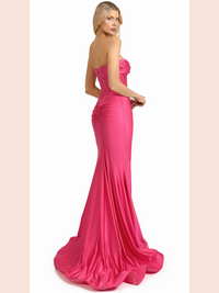 Jessica Angel 2593 Strapless High-Slit Gown - A striking strapless gown with ruched detailing, high slit, and floor-length skirt with a sweeping train for prom or formal evening events.