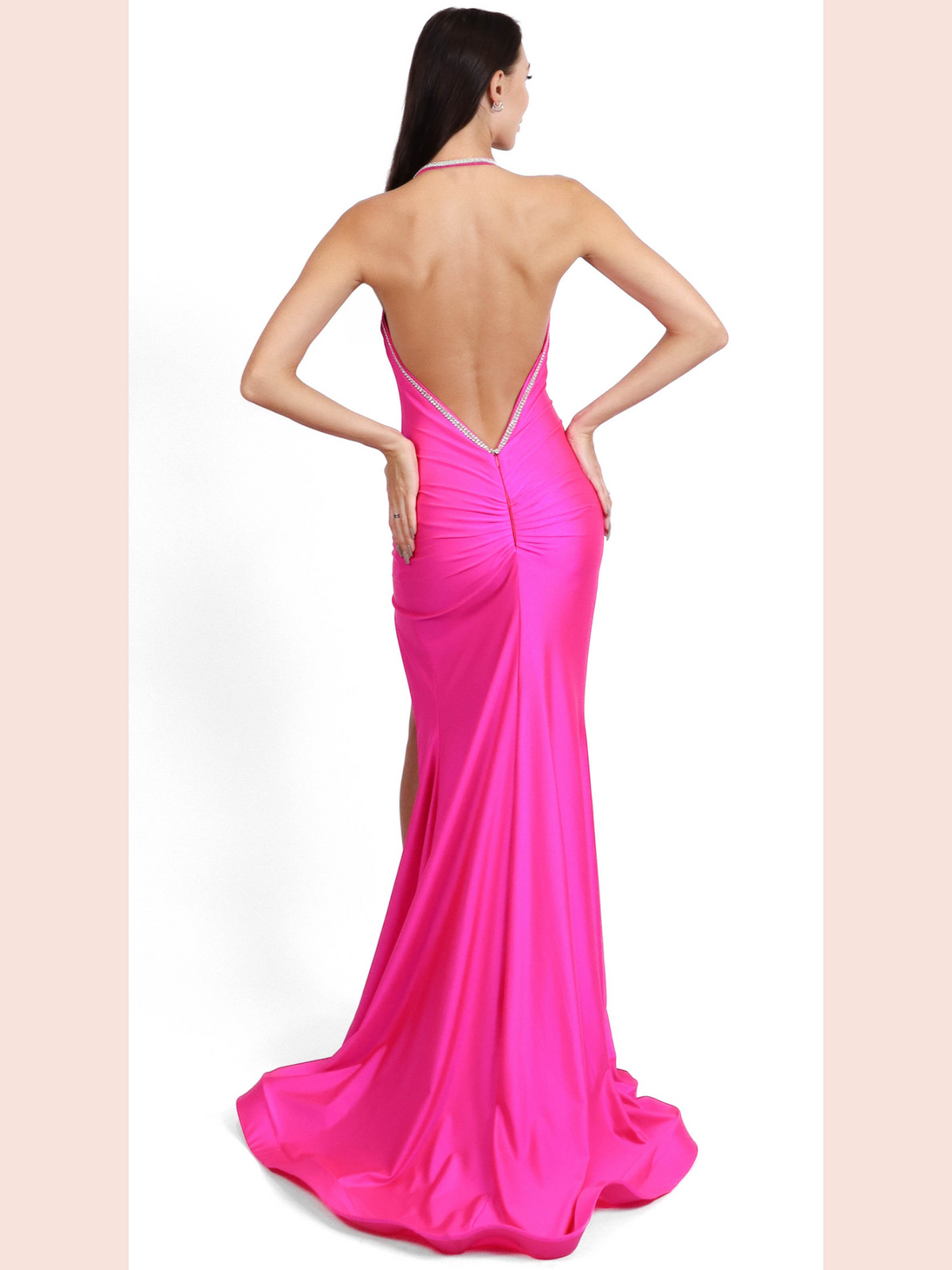 Jessica Angel 2626 Halter High-Slit Evening Dress - A striking gown featuring a halter neckline, high slit, and ruched open back, perfect for prom or formal events.