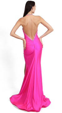 Jessica Angel 2626 Halter High-Slit Evening Dress - A striking gown featuring a halter neckline, high slit, and ruched open back, perfect for prom or formal events.