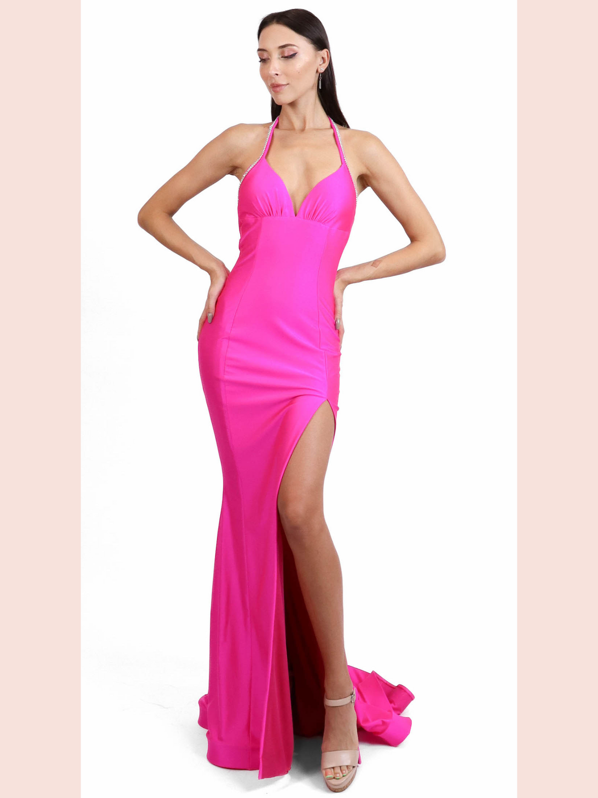 Jessica Angel 2626 Halter High-Slit Evening Dress - A striking gown featuring a halter neckline, high slit, and ruched open back, perfect for prom or formal events.