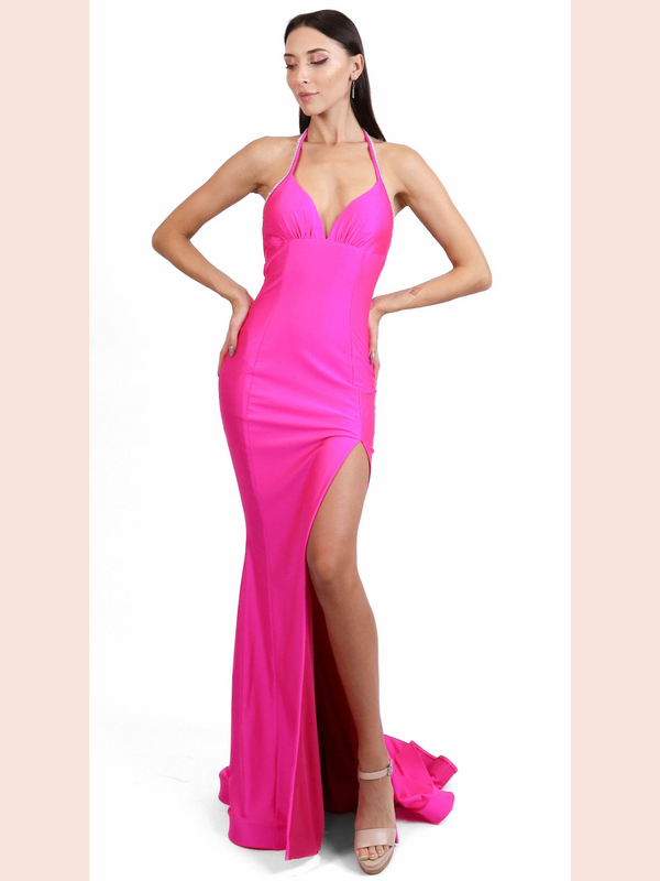 Jessica Angel 2626 Halter High-Slit Evening Dress - A striking gown featuring a halter neckline, high slit, and ruched open back, perfect for prom or formal events.