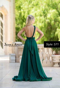 Jessica Angel 571 Prom Dress – A chic jersey gown featuring a halter neck, open back, and a high slit for a stylish and elegant look.