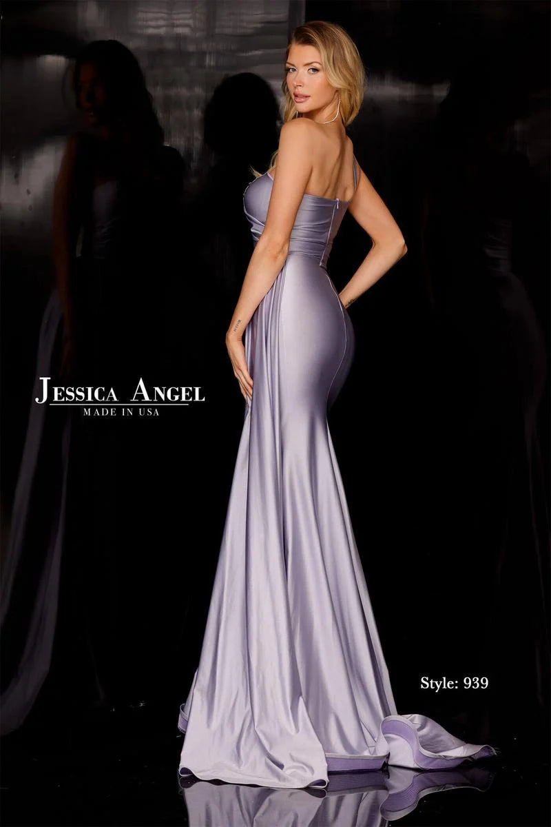 Jessica Angel 939 One-Shoulder Draped Formal Gown – Asymmetrical one-shoulder, ruched bodice, side drape, figure-hugging fit, and floor-length with a subtle train for a glamorous look.