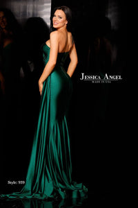 Jessica Angel 939 One-Shoulder Draped Formal Gown – Asymmetrical one-shoulder, ruched bodice, side drape, figure-hugging fit, and floor-length with a subtle train for a glamorous look.