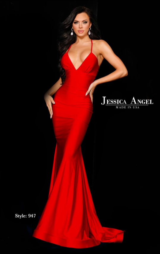 Jessica Angel 947 V-Neck Jersey Evening Gown - Elegant gown featuring a deep V-neckline, spaghetti straps, center back skirt ruching, and a back cutout in smooth jersey fabric.