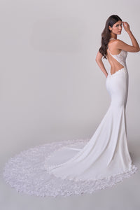 Joelle Olivia by La Femme J2118 Eden Luxe Jersey Wedding Dress - A modern and elegant wedding dress with illusion lace bodice and open low back in ivory.