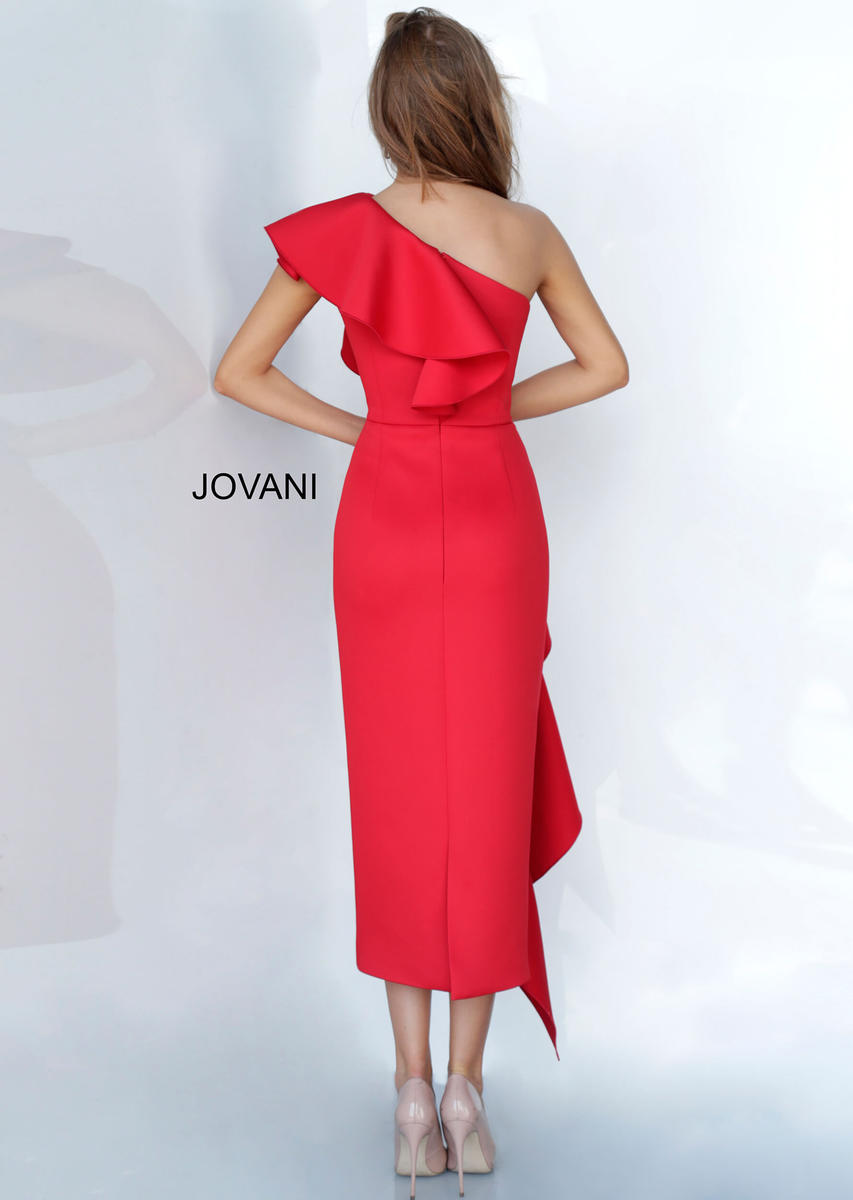 Jovani 02616 One-Shoulder Ruffle Dress - Bold dress featuring a one-shoulder design, cascading ruffle detail, fitted silhouette, and midi length.