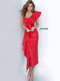 Jovani 02616 One-Shoulder Ruffle Dress - Bold dress featuring a one-shoulder design, cascading ruffle detail, fitted silhouette, and midi length.