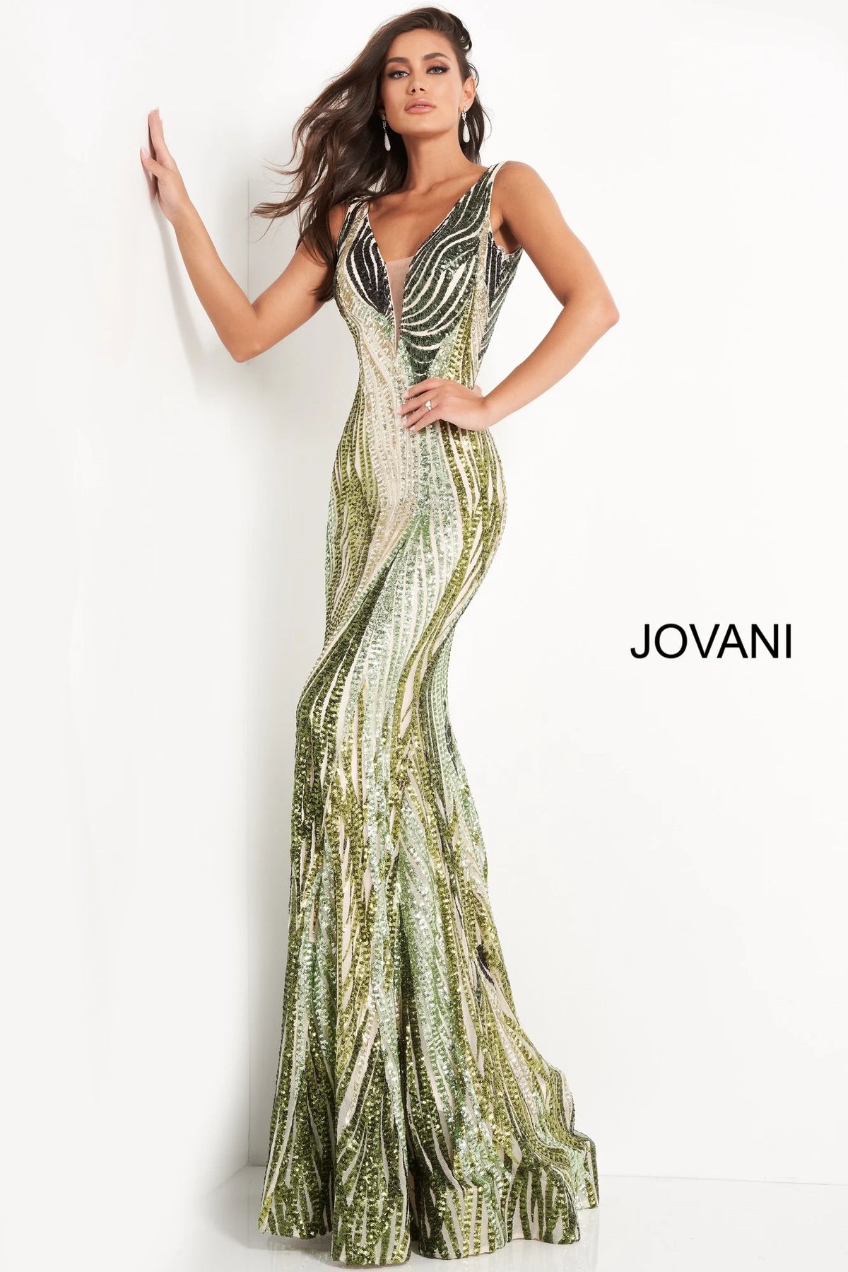 Jovani 05103 sequin V-neck gown featuring a plunging neckline, fitted silhouette, and low back. Ideal for prom and pageants.