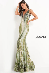 Jovani 05103 sequin V-neck gown featuring a plunging neckline, fitted silhouette, and low back. Ideal for prom and pageants.