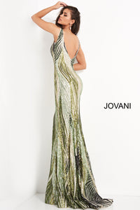 Jovani 05103 sequin V-neck gown featuring a plunging neckline, fitted silhouette, and low back. Ideal for prom and pageants.