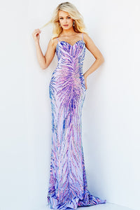 Jovani Sequin Sweetheart Prom Dress - Style Number 08481. Embrace elegance and allure with this sequin-adorned fitted gown featuring a sweetheart neckline, sleeveless bodice, and sweeping train. Shine bright at prom in this Jovani creation available at Madeline's Boutique in Toronto and Boca Raton.