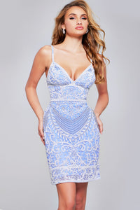 Elegant Jovani 36782 sheath dress with intricate beading and sequin details, perfect for evening events and homecoming.  Model is wearing the dress in the color periwinkle.