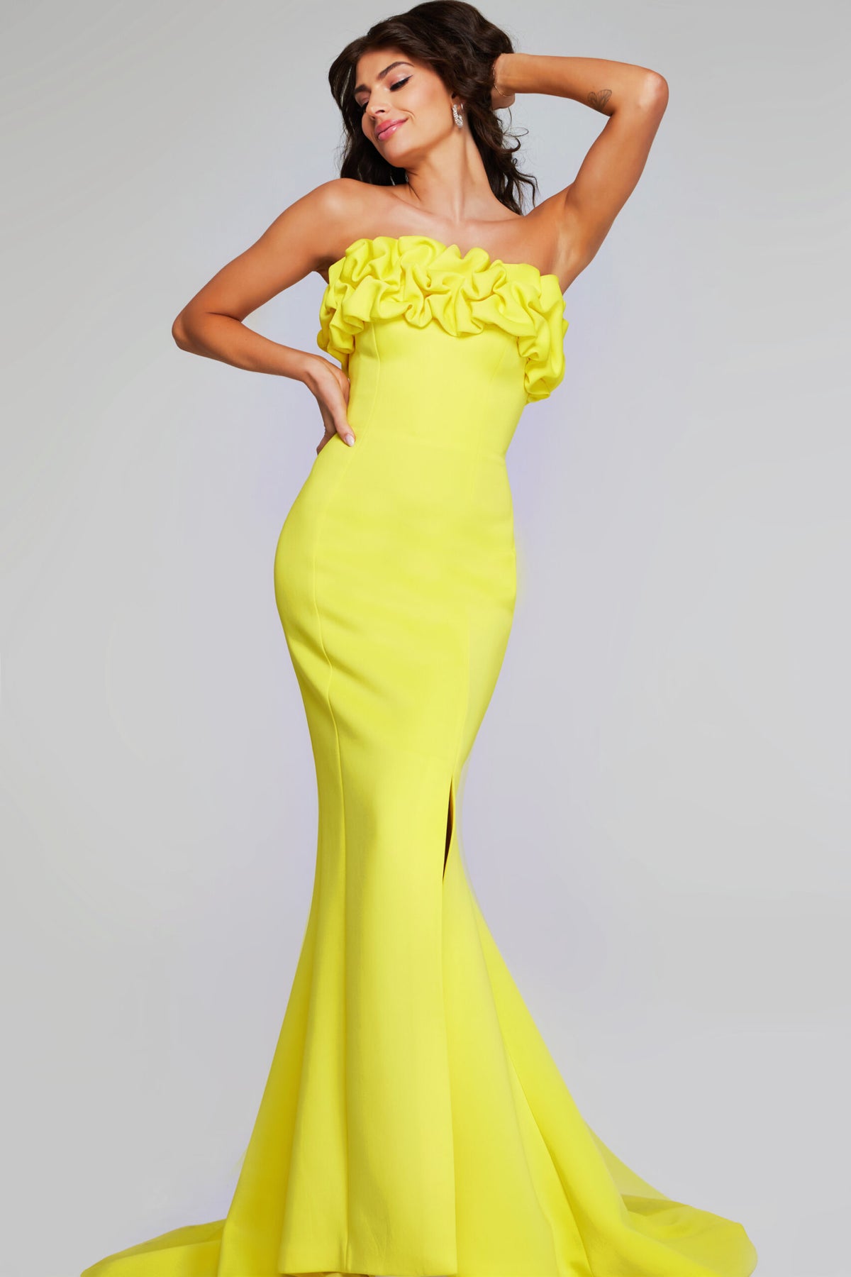 Jovani 38922 Mermaid Silhouette Gown with Ruffles in Yellow – a formal evening gown featuring a mermaid silhouette, high slit, and playful ruffled neckline.