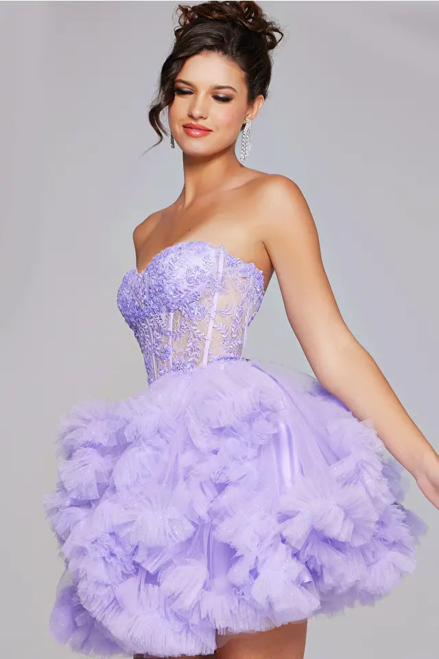 Jovani 40628 Sweetheart Neckline Corset Bodice Lace Cut Fit and Flare Short Dress - A chic and playful dress featuring a sweetheart neckline, corset bodice, lace cut design, and ruffled skirt, perfect for graduations, Bat Mitzvahs, and parties.