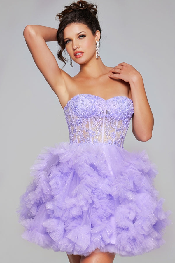 Jovani 40628 Sweetheart Neckline Corset Bodice Lace Cut Fit and Flare Short Dress - A chic and playful dress featuring a sweetheart neckline, corset bodice, lace cut design, and ruffled skirt, perfect for graduations, Bat Mitzvahs, and parties.