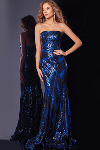 Jovani 40765 Strapless Sequin Evening Gown - Stunning strapless gown featuring an intricate sequin pattern, fitted bodice, and floor-length skirt.  Model is wearing the dress in Navy/Royal.