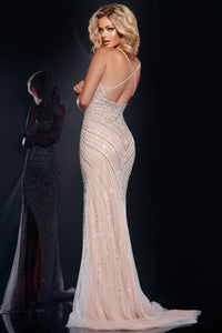 Jovani 40820 Strappy Embellished Gown - Elegant fitted gown with shimmering embellishments, a plunging neckline, and a thigh-high slit for formal events, red carpet, and pageants.