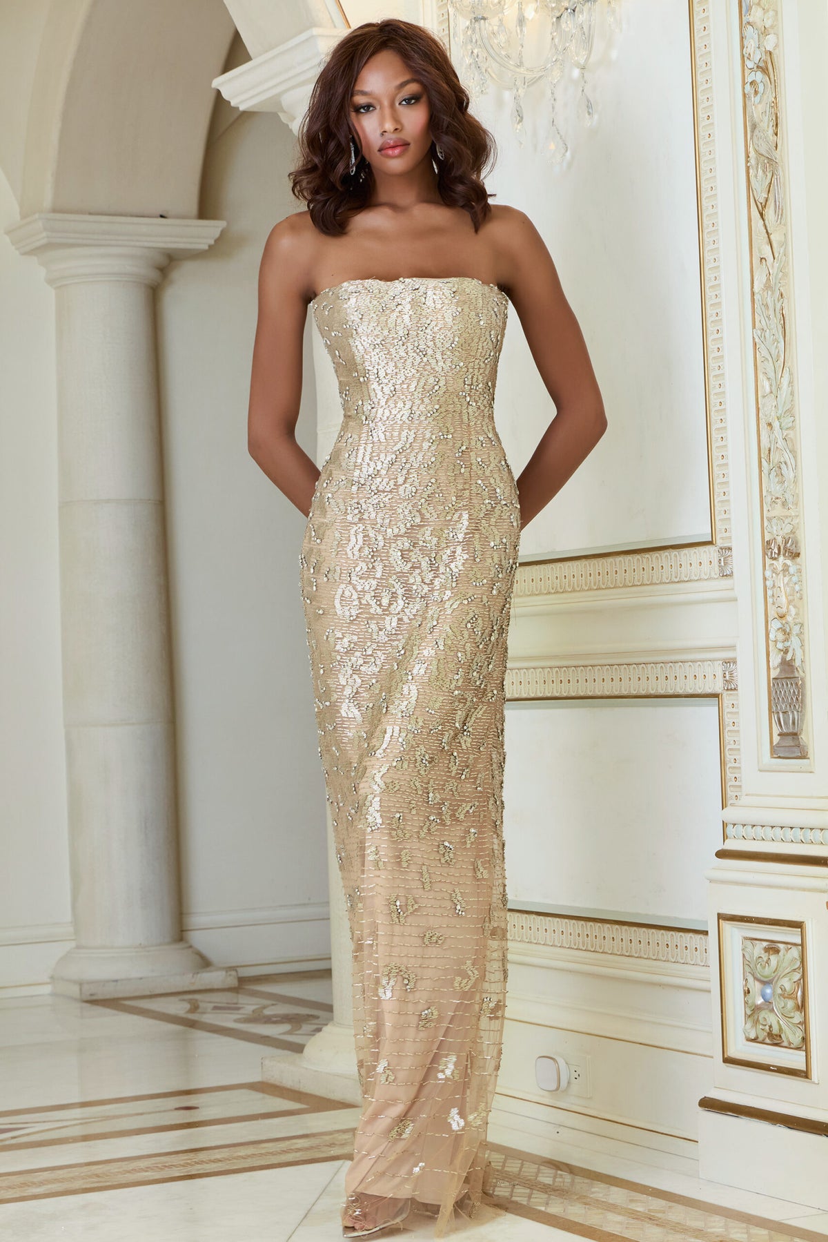 Jovani 40887 Strapless Sequin Column Gown – A stunning strapless design featuring intricate sequin embellishments, perfect for formal evenings and red carpet occasions.