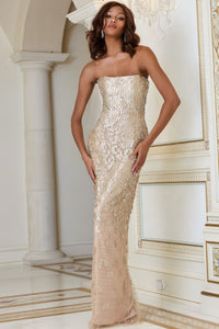 Jovani 40887 Strapless Sequin Column Gown – A stunning strapless design featuring intricate sequin embellishments, perfect for formal evenings and red carpet occasions.