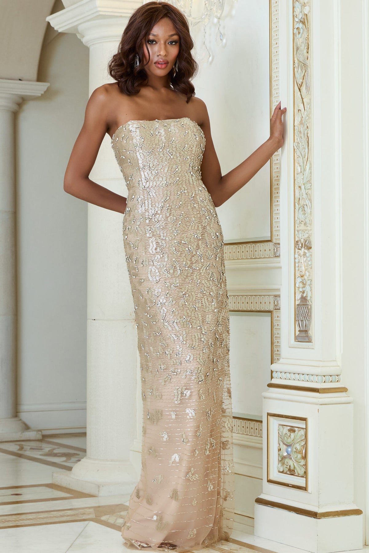 Jovani 40887 Strapless Sequin Column Gown – A stunning strapless design featuring intricate sequin embellishments, perfect for formal evenings and red carpet occasions.