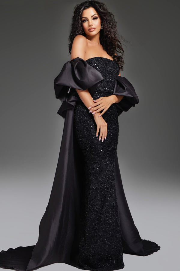 Jovani 42137 Strapless Beaded Satin Drape Gown – Elegant strapless gown featuring intricate beading and a detachable satin drape, perfect for formal evenings and mother of the bride or groom.