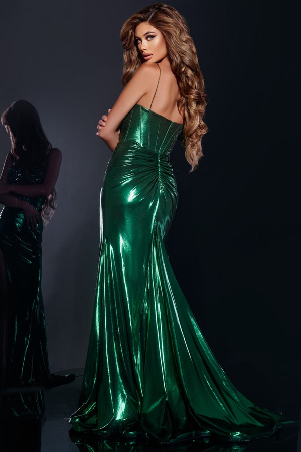 Jovani 42336 Metallic Gown - A stunning gown featuring intricate beadwork, a high slit, corset-style top, spaghetti straps, and ruched back for a glamorous and elegant look.