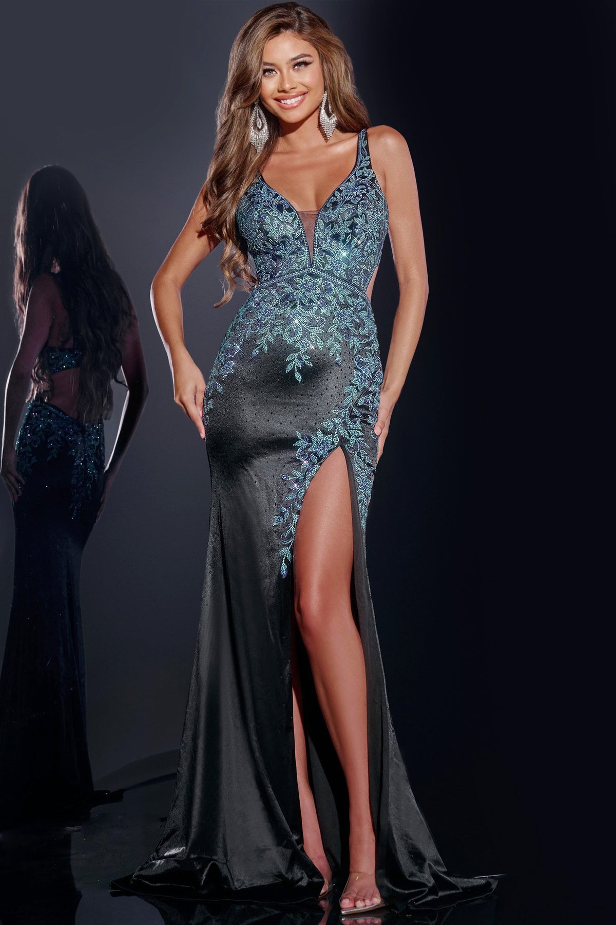 Jovani 43796 Plunging Floral Embellished Gown featuring a fitted silhouette, plunging neckline, floral embellishments, and high slit design.