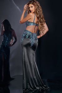 Jovani 43796 Plunging Floral Embellished Gown featuring a fitted silhouette, plunging neckline, floral embellishments, and high slit design.