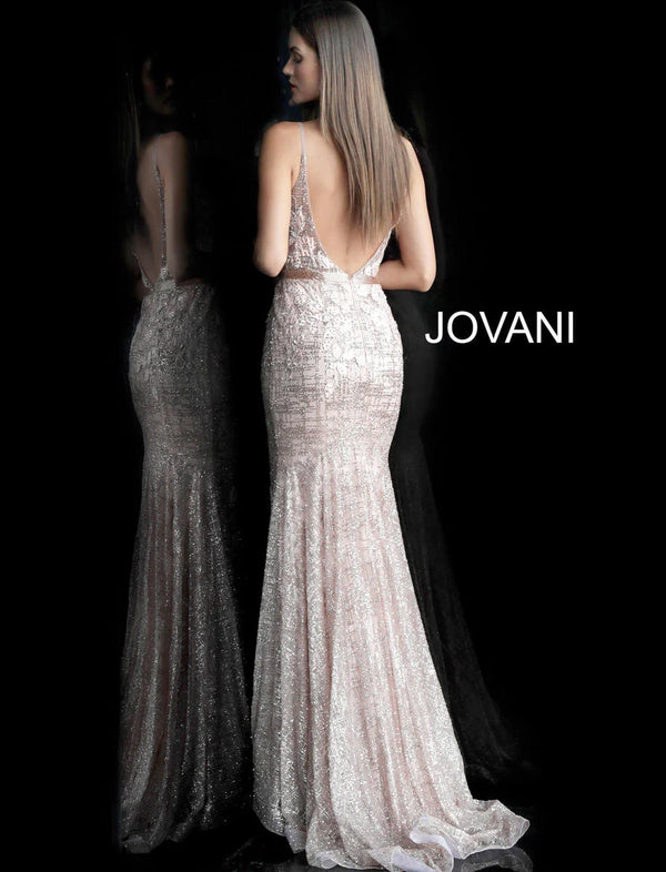 Jovani 62517 Sequin Lace Evening Gown - Features a shimmering sequin lace overlay, deep V-neckline with sheer insert, spaghetti straps, and a floor-length mermaid skirt