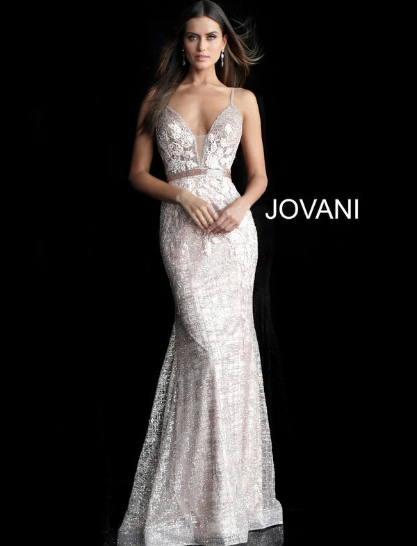 Jovani 62517 Sequin Lace Evening Gown - Features a shimmering sequin lace overlay, deep V-neckline with sheer insert, spaghetti straps, and a floor-length mermaid skirt