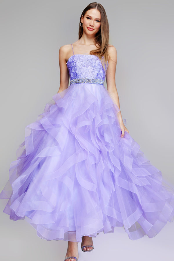 Jovani K23519 Evening Gown - A beautiful beaded waist gown with rosette details and a layered floor-length skirt, perfect for formal events.