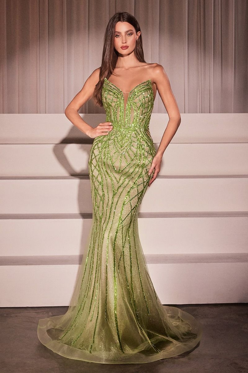 Ladivine cc6018 glitter tulle evening gown.  Model is wearing greenery.