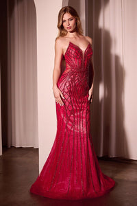 Ladivine cc6018 glitter tulle evening gown.  Model is wearing red.