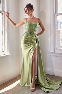 La Divine CD868 Fitted Lace Prom Gown - A sophisticated prom gown featuring a fitted silhouette, ruched waistline, embellished bodice with intricate lace detailing, leg slit, and a side sash that cinches the waist for a stunning look. The model is wearing the dress in the color greenary.