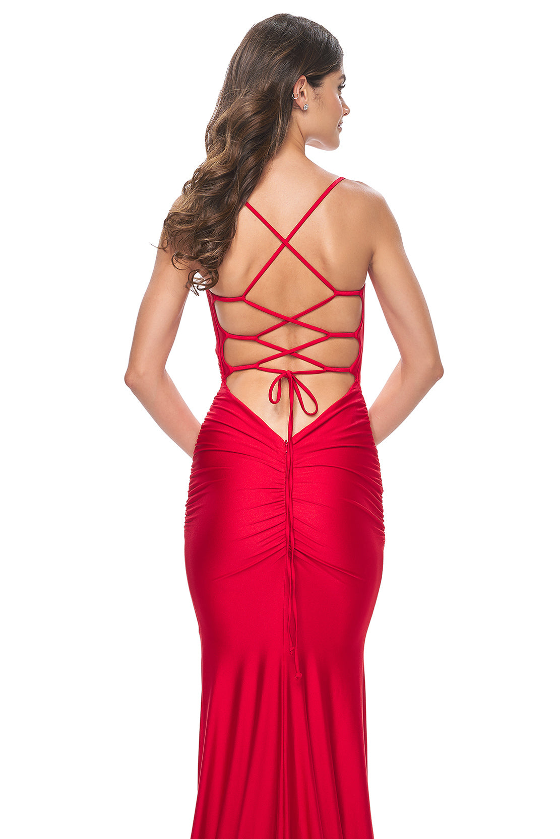 La femme strappy back best sale fitted satin evening dress